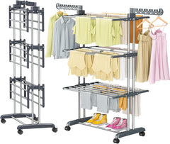 Purkeep Thicken & Durable Clothes Airer, Extra Large 4-Tier Capacity Foldable Clothes Drying Rack with Wheels, Stainless Steel Clothes Horse for Indoor/Outdoor Use in Bedroom, Laundry Room