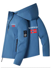 Men'S & Women'S Windproof Jacket with Norway Flag Print - All-Season Outdoor Windbreaker, Full-Zip Hooded Coat with Zippered Pockets, Machine Washable Polyester for Hiking, Camping, Travel - Beige/White Color Scheme, Hiking Gear, Casual Outerwear