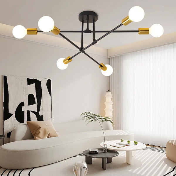 6-Light Modern Gold Sputnik Chandelier, Industrial Semi Flush Mount Ceiling Light Fixture, E27 Hardwired Metal Lamp for Living Room Dining Room