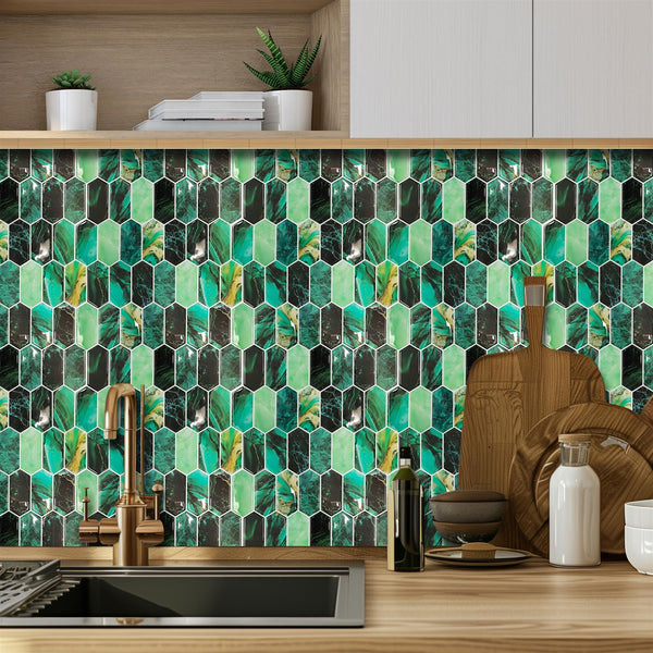 WALPLUS 6pcs 3D Tile Stickers Peel and Stick Backsplash Splashback Decals Tile Transfer for Kitchen Bathroom Living Room Stick on Tile Green Hexagon Honeycomb