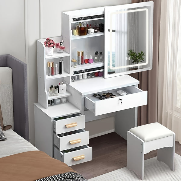 Dressing Table with LED Lights And Adjustable Brightness, Vanity Desk with Mirror, 4 Drawers, 6 Hidden Shelves, And Stool, Makeup Desk for Bedroom, Modern Makeup Table with Mirror And Chair (White)