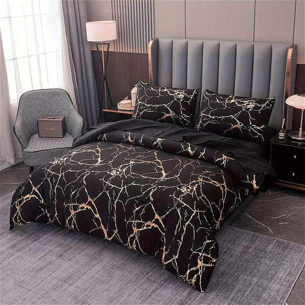 Gold Marble Print Quilt Cover and Pillowcase Bedding Set, Light Luxury High-end Creative Design Bedding Three-piece Set, 2 Pillowcases and 1 Quilt Cover, Soft and Comfortable Bed Three-piece Set for All Seasons, Black
