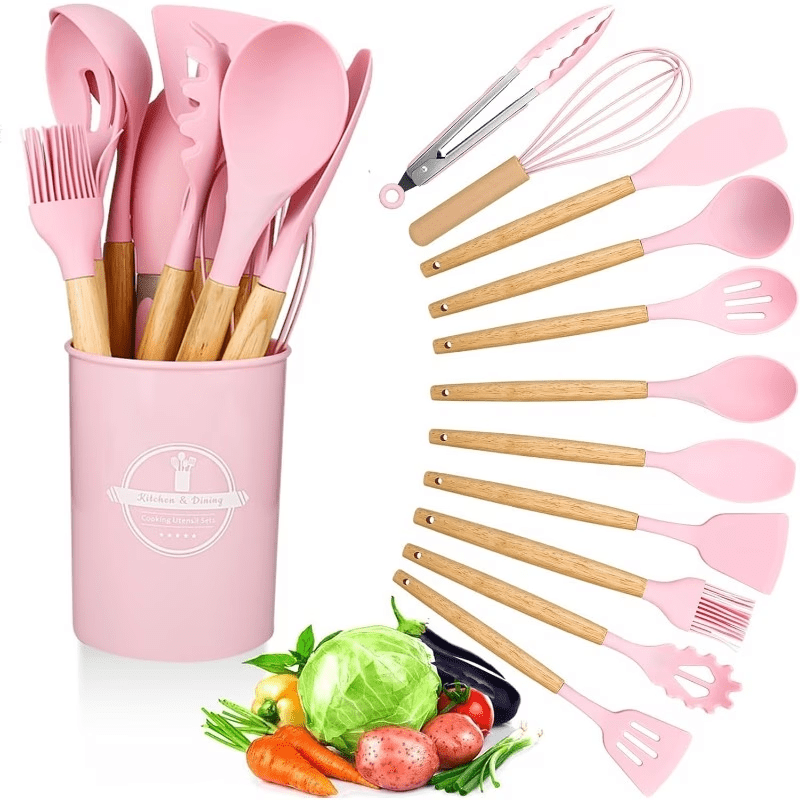 12pcs Silicone Cooking Utensils Set With Wooden Handle Food Grade High Temperature Resistant For Nonstick Cookware Pink
