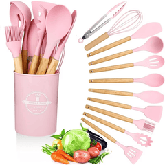 12pcs Silicone Cooking Utensils Set With Wooden Handle Food Grade High Temperature Resistant For Nonstick Cookware Pink
