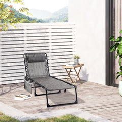 Portable Sun Lounger, Folding Camping Bed with Side Pocket and Pillow for Patio