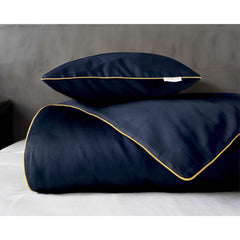 Luxury Dark Blue Duvet Cover Set with Gold Trim – 100% Cotton Sateen – Opulent Hotel Style Bedding for Single, Double, and King Beds
