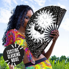 Large Black Folding Fan with Artistic Sun & Moon Design - Durable Plastic, Portable for Music Festivals, Weddings, Parties, Dance Performances & Home Decor