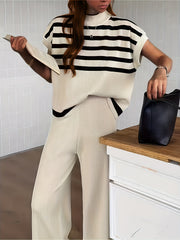 Spring/Summer Women's Fashion Set: Simple High-End Striped Vest Top + Fashionable Loose Wide-Leg Pants, Striped Color-Block Casual Outfit