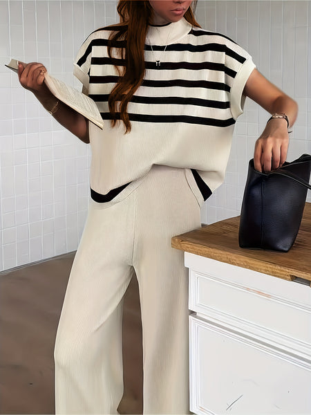 Spring/Summer Women's Fashion Set: Simple High-End Striped Vest Top + Fashionable Loose Wide-Leg Pants, Striped Color-Block Casual Outfit
