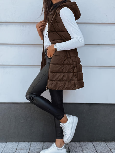 Women's Elegant Hooded Puffer Vest Coat - Thermal Insulated Sleeveless Winter Jacket with Full-Zip Closure, Machine Washable Outerwear in Brown/Black/White/Blue/Red/Navy/Gray, Cozy Cold-Weather Coat for Everyday & Formal Outfits, Layering Piece for Women