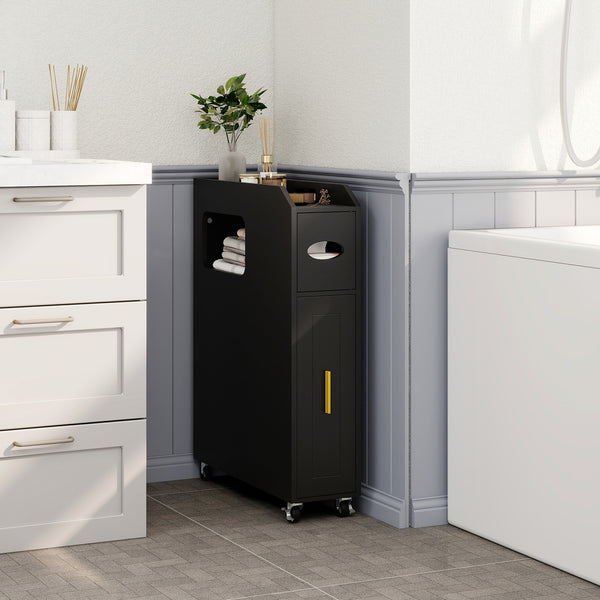 GYMAX 16 CM Slim Bathroom Cabinet, Rolling Beside Toilet Storage Cart with Toilet Paper & Brush Holder, Slide-out Drawer, 2 Lockable Wheels, Space-saving Organizer for Laundry Room, Living Room, Black