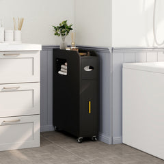 GYMAX 16 CM Slim Bathroom Cabinet, Rolling Beside Toilet Storage Cart with Toilet Paper & Brush Holder, Slide-out Drawer, 2 Lockable Wheels, Space-saving Organizer for Laundry Room, Living Room, Black