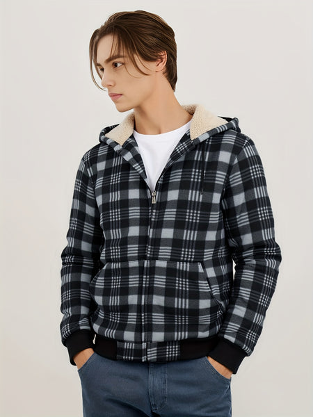 Men's Heavyweight -Lined Hooded Jacket - Full-Zip Plaid Thickened Shirt with Pockets and Adjustable Drawstring, Comfortable and Warm for Autumn and Winter