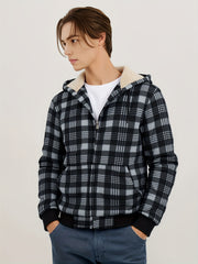 Men's Heavyweight -Lined Hooded Jacket - Full-Zip Plaid Thickened Shirt with Pockets and Adjustable Drawstring, Comfortable and Warm for Autumn and Winter