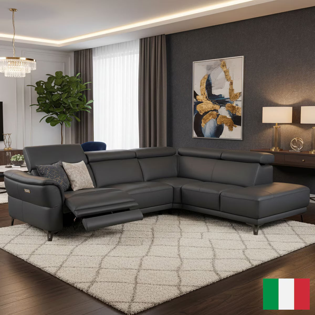 Nicoletti Charleston Blue Leather Power Reclining Corner Sofa with Chaise in 2 Configurations