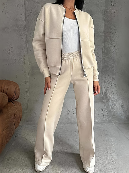 Women's Solid 2pcs Track Suit | 2025 Autumn Zipper Jacket + Wide-Leg Pants, Minimalist Solid Color Casual Matching Outfit for Daily/Street Wear