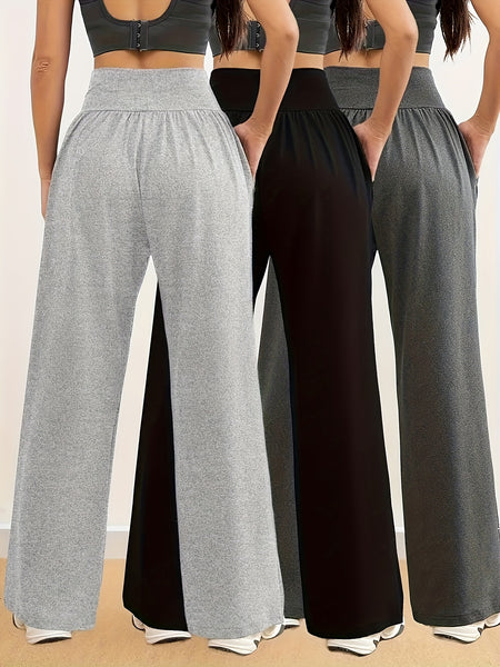 3pcs Women'S Pants - Wide Leg Leggings with Side Pockets, Non-Slip Grip, Machine Washable Pants for, Lounge - All-Season Pants in Grey/Black/ - Ideal for Home & Outdoor Use, Leggings, Apparel, Casual Style, Durable Fabric, Tights, Design, Breathable Mater