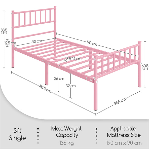 Costoffs Metal Bed Frame, Single/Double Size Bed Platform with Slatted Headboard and Footboard, Solid Slat Support, Large Storage Space, Easy Assembly Bed, Modern Mattress Foundation, Black/White/Pink/Silver