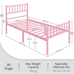 Costoffs Metal Bed Frame, Single/Double Size Bed Platform with Slatted Headboard and Footboard, Solid Slat Support, Large Storage Space, Easy Assembly Bed, Modern Mattress Foundation, Black/White/Pink/Silver