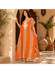 Women Boho Kaftan Dress Long Embroidered Beach Cover Up Lightweight Summer Kaftan Maxi Dress Loose Fit Swimwear Cover Up Holiday Beachwear Gandouri