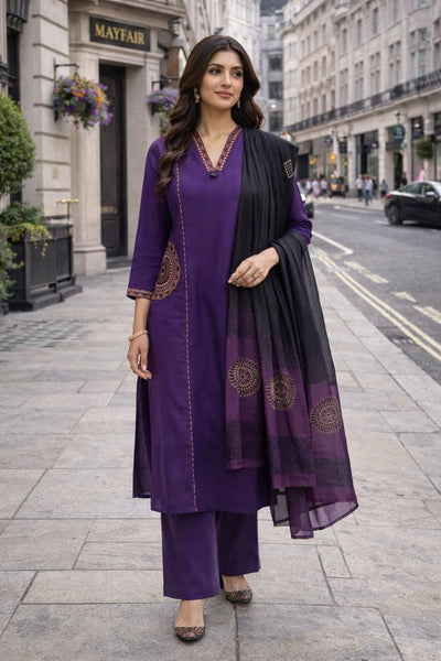 TeamWear* Womens Cotton Embroidered Neck and Dual Pockets Kurta Set with Palazzo and Contrast Dupatta