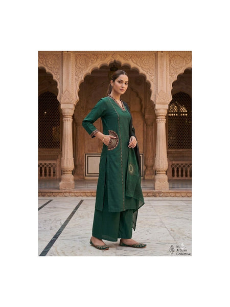 TeamWear* Womens Cotton Embroidered Neck and Dual Pockets Kurta Set with Palazzo and Contrast Dupatta