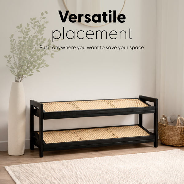KEPLIN 2/3/4-Tier Bamboo and Rattan Shoe Rack Organizer – Durable, Easy Assembly – Compact Design for Entryway, Closet, or Hallway – Stylish and Functional Storage – Black and Natural