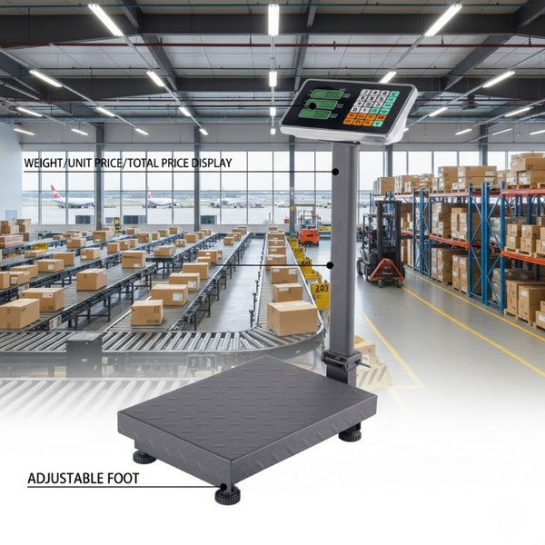 Maximum load-bearing capacity of 100kg, high-precision platform scale, durable dark gray stainless steel material, 40 x 30 x 70. The large scale surface can store unit price memory and accumulate 50g division values. It can store 5 unit prices and 99 cumu