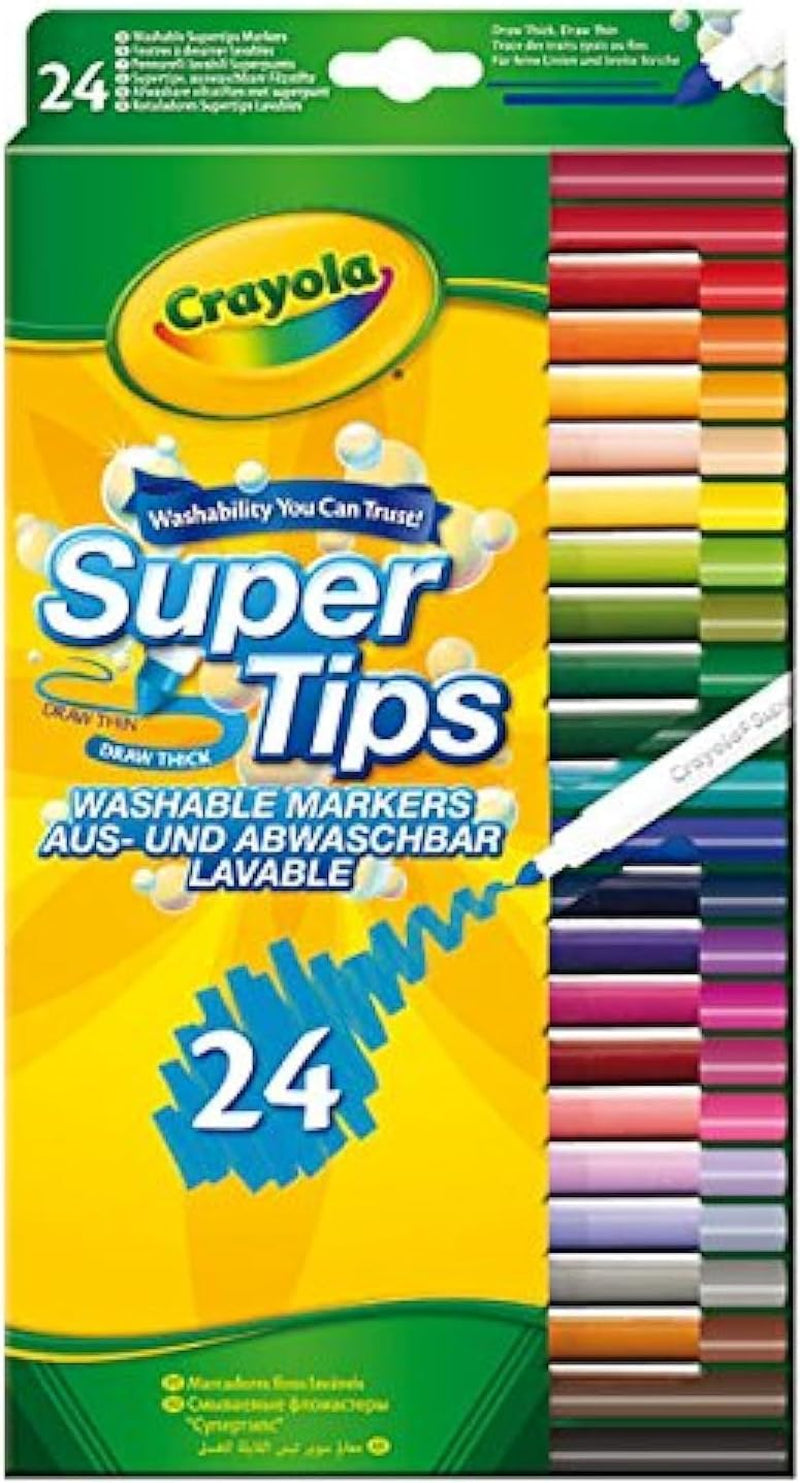 CRAYOLA Supertips Washable Markers - Assorted Colours (Pack of 24) | Premium Felt Tip Pens That Can Easily Wash off Skin & Clothing | Ideal for Kids Aged 3+