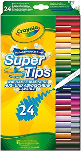 CRAYOLA Supertips Washable Markers - Assorted Colours (Pack of 24) | Premium Felt Tip Pens That Can Easily Wash off Skin & Clothing | Ideal for Kids Aged 3+