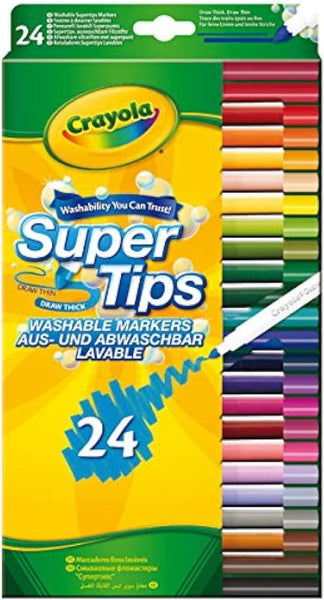 CRAYOLA Supertips Washable Markers - Assorted Colours (Pack of 24) | Premium Felt Tip Pens That Can Easily Wash off Skin & Clothing | Ideal for Kids Aged 3+