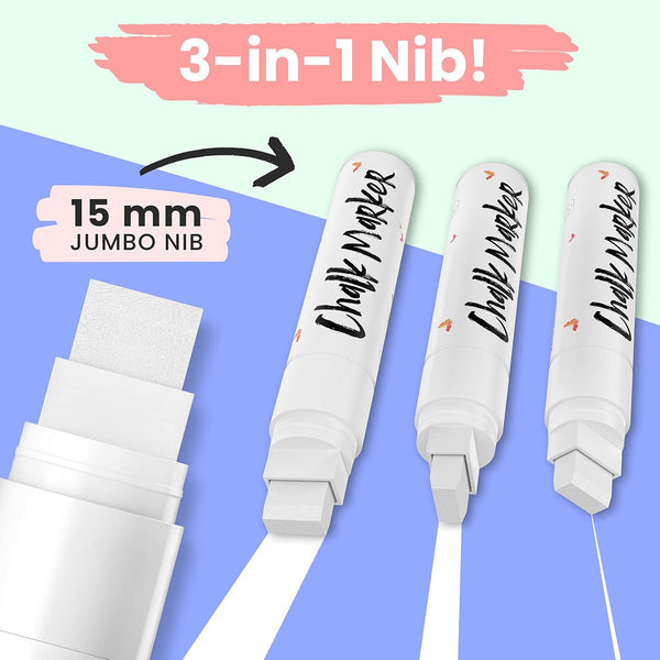 Jumbo White Chalk Pens - 15Mm Window Markers | Pack of 4 White Pens - Use on Cars, Chalkboard, Whiteboard, Blackboard, Glass, Bistro | Loved by Teachers, Artists, Businesses