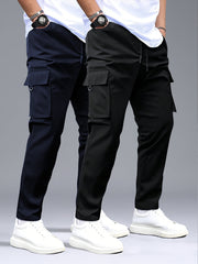 Men's 2pcs Cargo Pants with Drawstring Waist and Multiple Pockets, Suitable for Outdoor Casual Wear