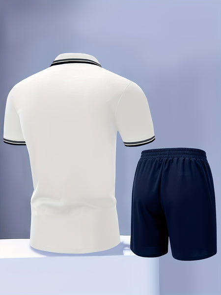 Men'S Polo Shirt Fashion Casual Set Pique Mesh Letter Pattern Top And Bottom