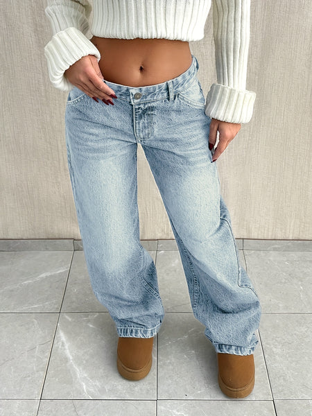 Women'S Y2K Street Style Straight Leg Jeans for Winter - Casual Denim Pants for in Retro Vintage Blue