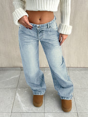 Women'S Y2K Street Style Straight Leg Jeans for Winter - Casual Denim Pants for in Retro Vintage Blue