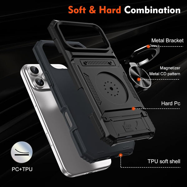 Phone Case - Premium Case Featuring a Concealed Card Slot for Two Cards, a 360° Rotating Kickstand, And a Robust Dual-Layer Design That Offers Shock Resistance for Iphone 17 Pro Max, 16, 15, 14, 13, And Air Plus. This Black Cover Is Non-Slip