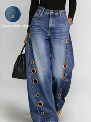 Women's Retro High Elasticity Denim Pants with Metal Circles Design- Long Versatile Jeans for Women, High-waist Trousers, Trendy Womens Clothes for Summer, All Seasons Style, Fabric, Hand Washable, Slim Fit, Suit for Daily Wear