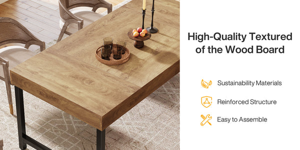 Farmhouse Dining Table for 4-6 People | 139.7 cm Industrial Rectangular Kitchen Dinner Table with Heavy-Duty Metal Legs, Rustic Brown, Multifunctional, Includes 1 Leaf, Assembled, by TRIBESIGNS