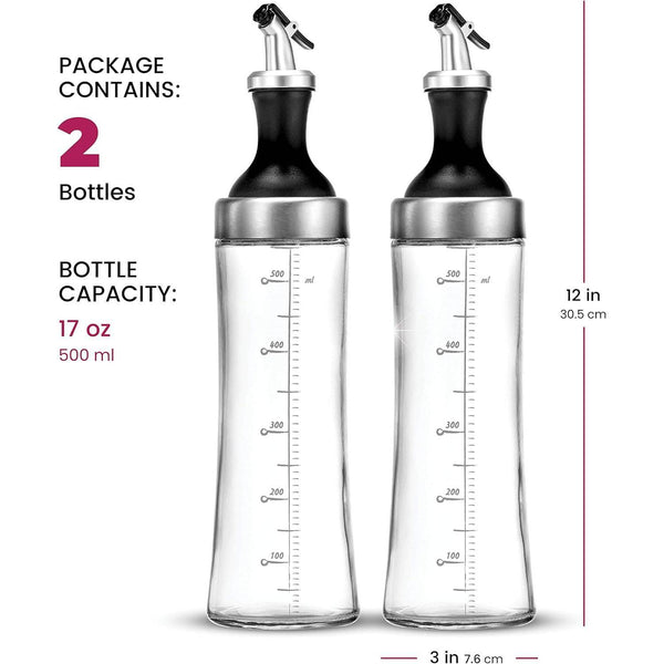 High-Quality Glass Oil And Vinegar Pourer, Featuring a Large Opening for Easy Refilling And Cleaning, Contemporary Design for Olive Oil, Transparent Glass Bottle, Spouts for Pouring, 18-Ounce Cruet Set (Includes 2pcs)