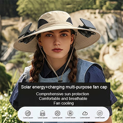 Breathable Wide Brim Fan Hat, Solar Powered Dual Fans, USB Charging, Outdoor Cooling Fisherman Hat for Summer Activities