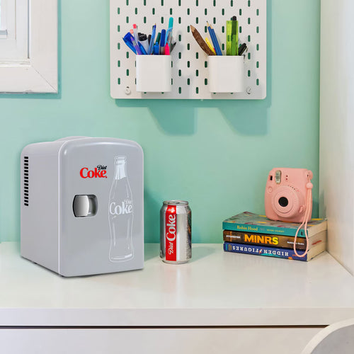 Coca Cola 4L Mini Fridge Diet Coke 6 Can Portable 12V Cooler / Warmer in Grey