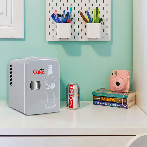 Coca Cola 4L Mini Fridge Diet Coke 6 Can Portable 12V Cooler / Warmer in Grey