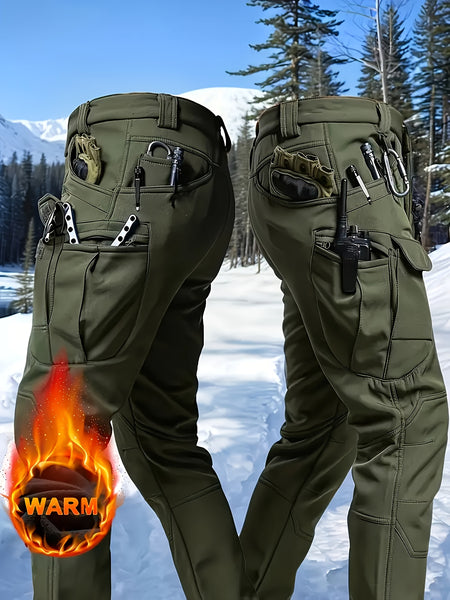 1PC Men's -Lined Warm Tactical Cargo Pants, Thick Winter Style, Multi-Pocket, Windproof Snowproof, Micro-Stretch Fabric, Suitable for Outdoor Hiking, Fishing, Casual Outings, No Belt
