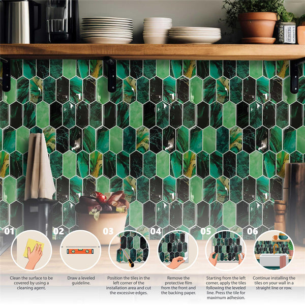 WALPLUS 6pcs 3D Tile Stickers Peel and Stick Backsplash Splashback Decals Tile Transfer for Kitchen Bathroom Living Room Stick on Tile Green Hexagon Honeycomb