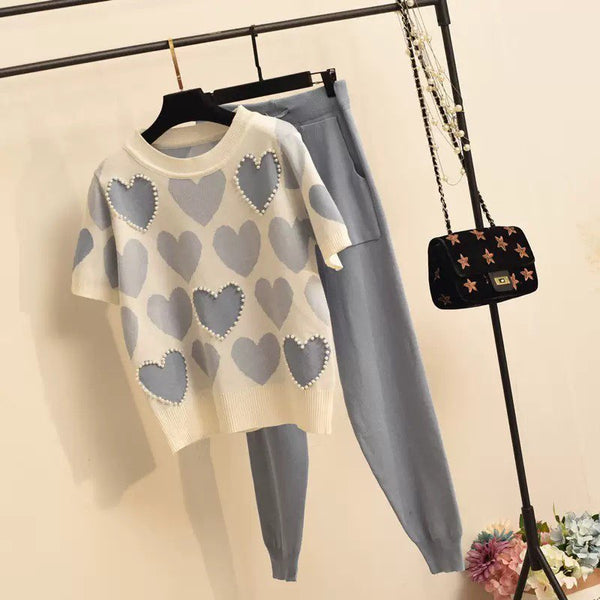 Women'S Korean-Style Heart-Shaped Printed Set - Short-Sleeved Beaded Top And Sweatpants, Casual Elegant Heart Pattern Outfit, Round Neck with Pockets, Casual Wear/Elegant /Beaded Details, Sweater Set