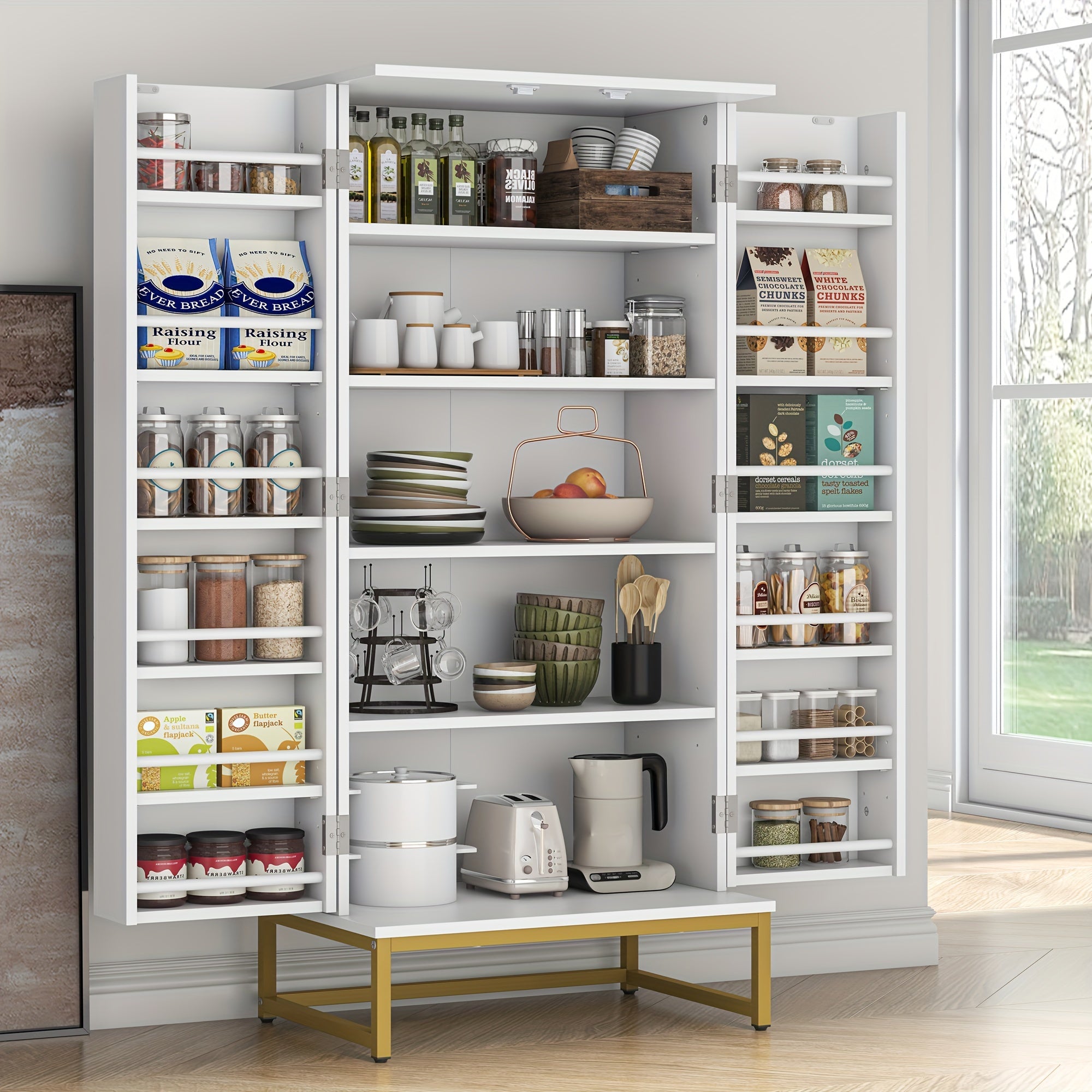 129.54cm Kitchen Cupboard Pantry with Doors And Adjustable Shelves, White Storage Cupboard, Freestanding Storage Cabinet for Kitchen, Living Room And Dining Room Kitchen Organizers And Storage
