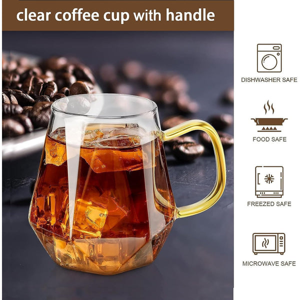 10 Oz Clear Glass Espresso Cups Set of 2/4 Coffee Cups with Handle Crystal Coffee Mug Borosilicate Heat Resistant for Liquor Tea Beverages Milk Latte Cappuccino