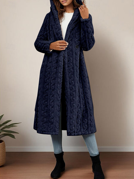 Fashionable Long Hooded Solid Color Cardigan Coat, Autumn/Winter Thickened Plush Outerwear, Warm, Versatile, and Suitable for Commuting