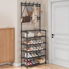 5 Tier Shelves Metal Coat Rack Stand with Shoe Storage Hallway Furniture With 8 Hooks Hanger, Freestanding Shoe and Coat Hat Stand with Non Woven Fabric Storage Shelf, Multi-Functional Metal Hall Tree for Coats, Hats & Shoes Living Room Bedroom